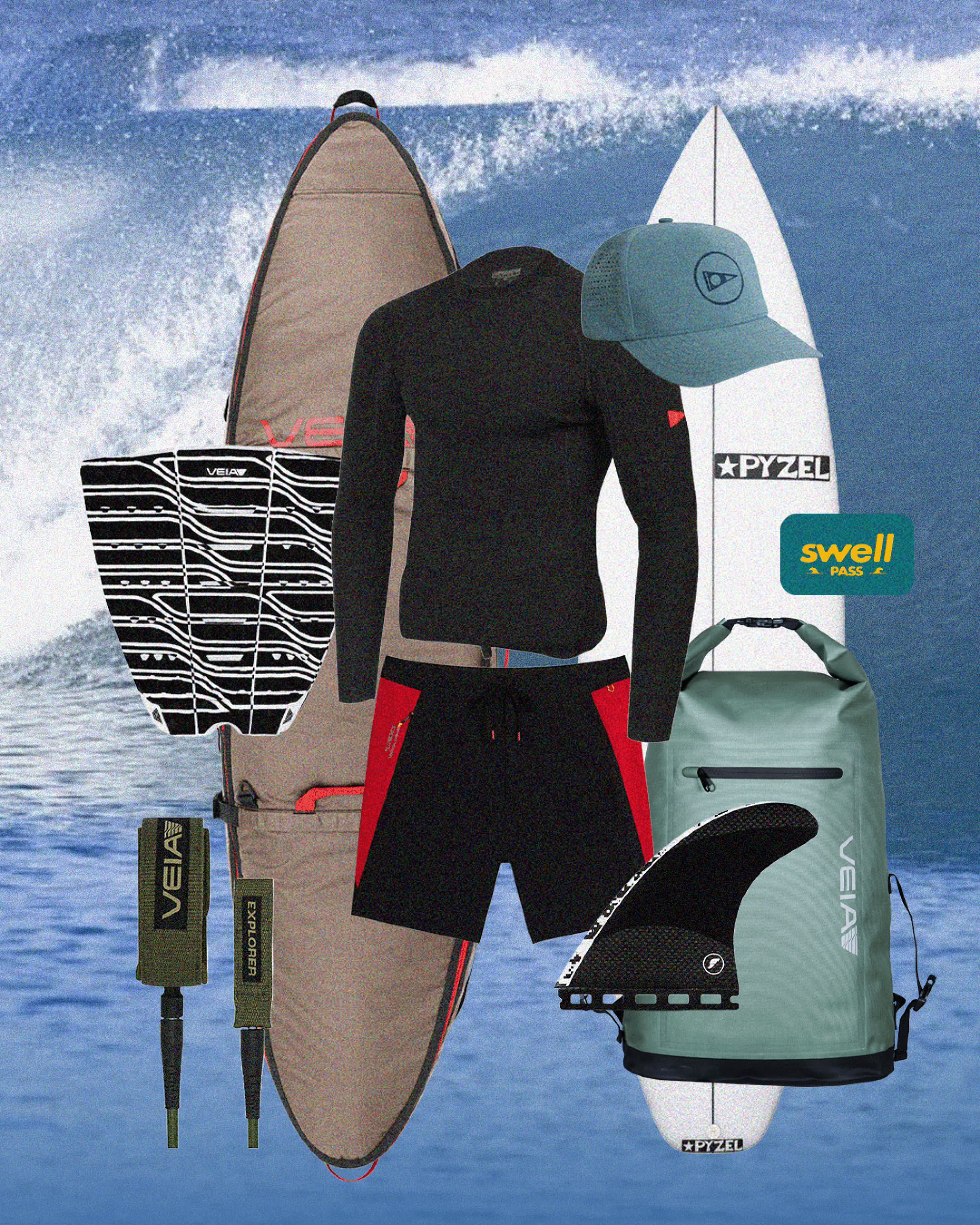 Prize bundle: Custom Pyzel surfboard, Futures fins, Florence gear, wave pool session, and Veia accessories